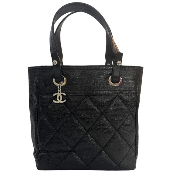 Chanel Paris Biarritz Tote PM Black Coated Canvas Leather Women's Tote Bag Black - Picture 2 of 12